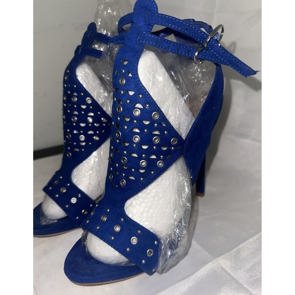 Just Fab Women's Size 8.5 Platform Stiletto 5in Heels Blue Silver Design Straps - Picture 13 of 16
